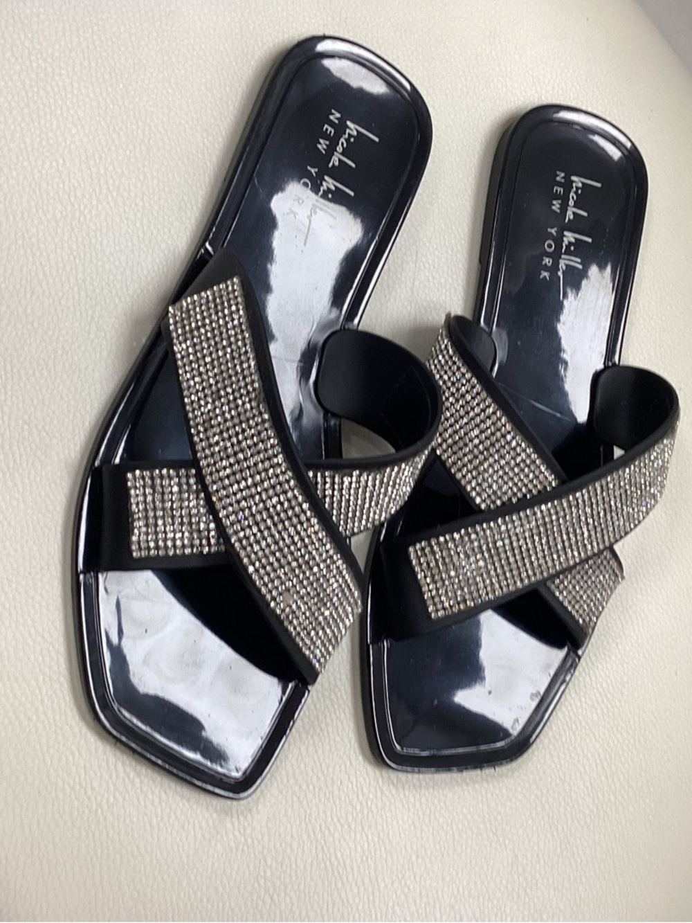 Nicole Miller Black Slide Mules with Crystal Cross Straps
